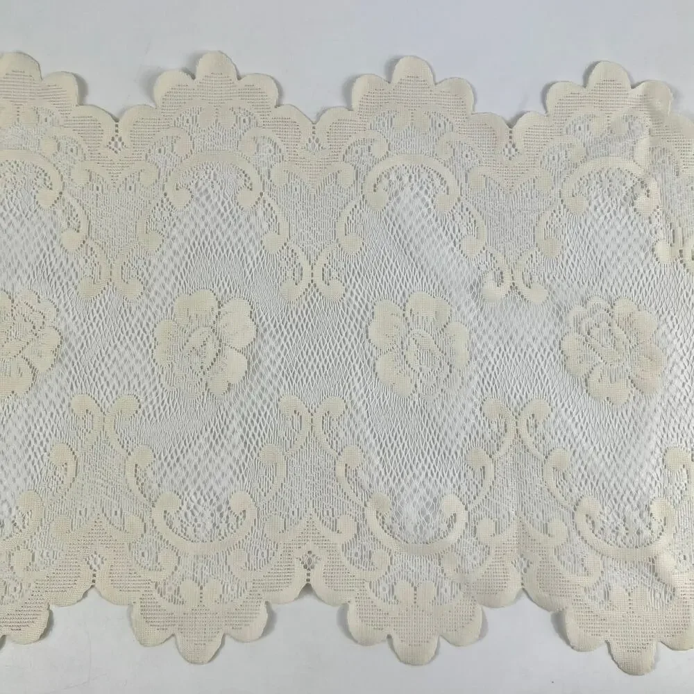 Vintage Ivory Lace Floral Table Runner 34x11 Scalloped Edges Doily Style Decor